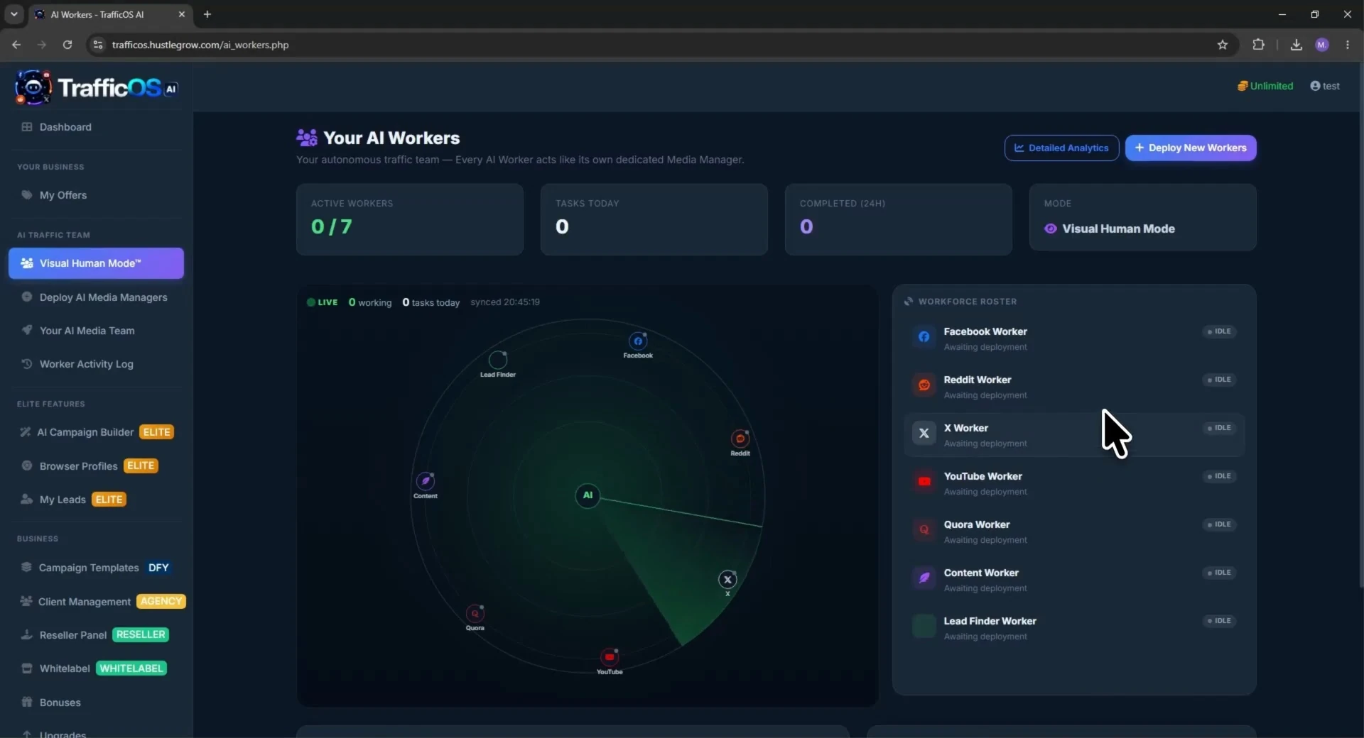 TrafficOS AI demo video showing AI workers running inside a Chrome browser session